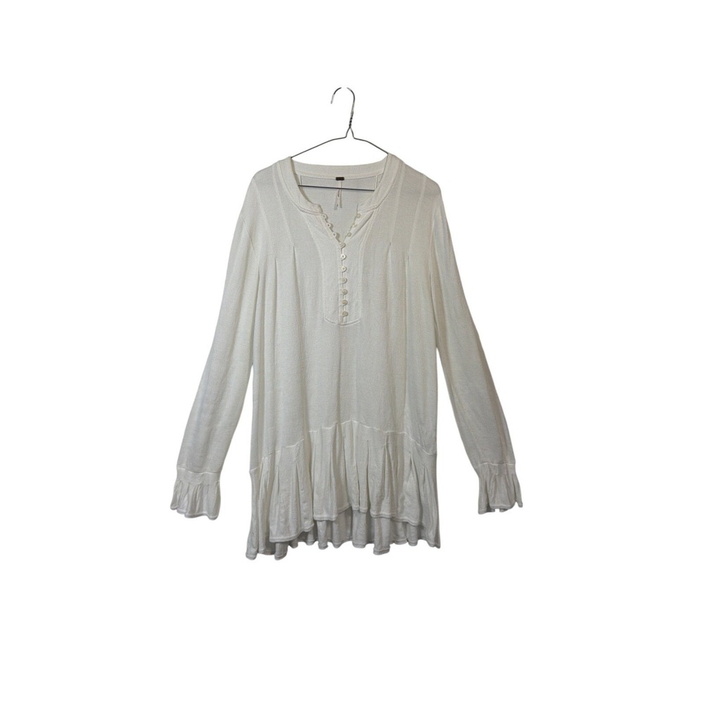 Free People Tunic Top Womens Small Ivory Boho Henley Ruffle Peplum Long Sleeve